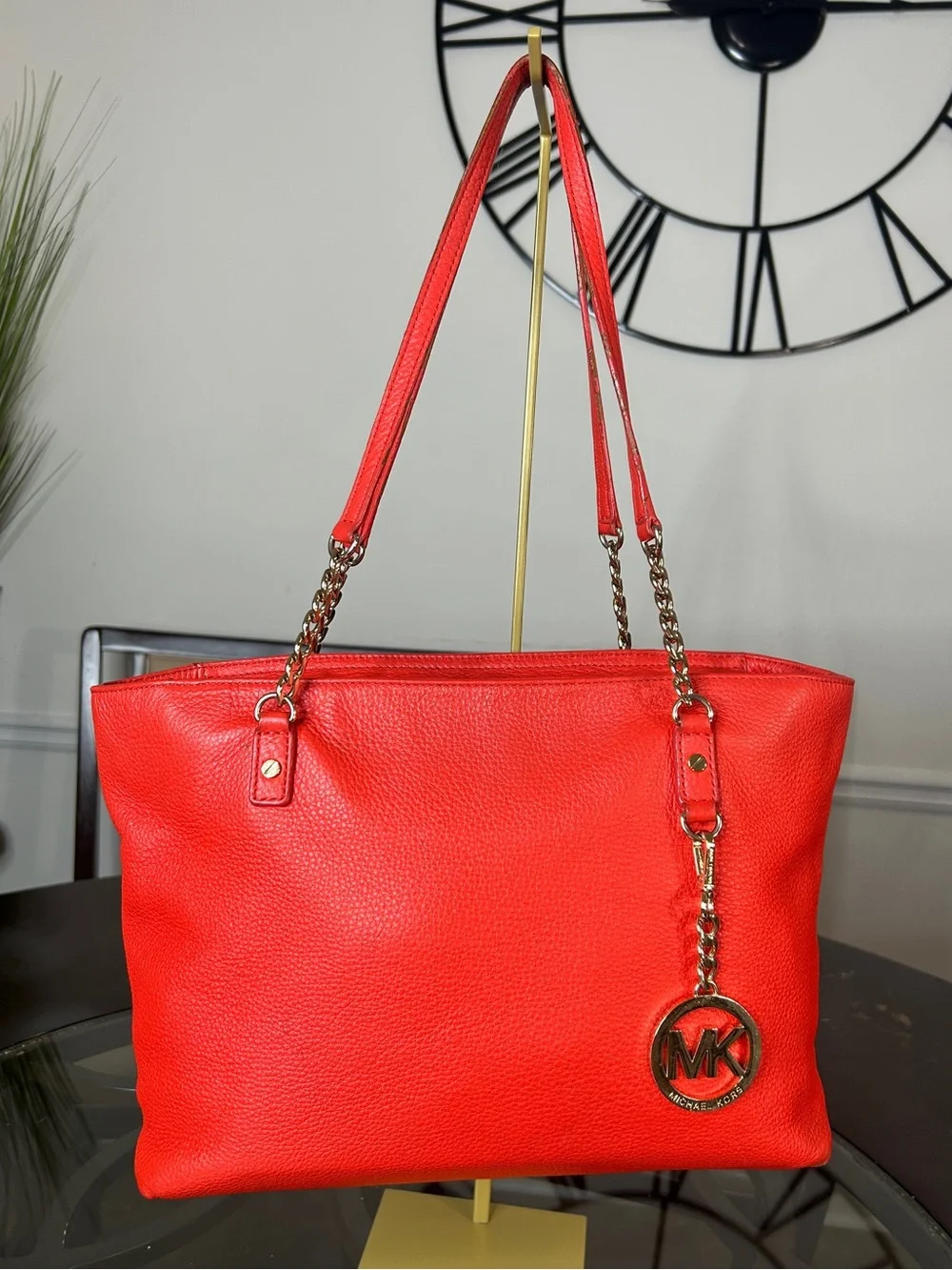MICHAEL KORS Red Pebbled Leather Tote Bag Gold Chain Shoulder Bag MK Charm